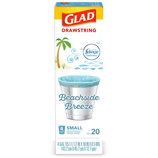 Glad Small Trash Bags, 4 Gallon, 20 Bags (Drawstring, Beachside Breeze)