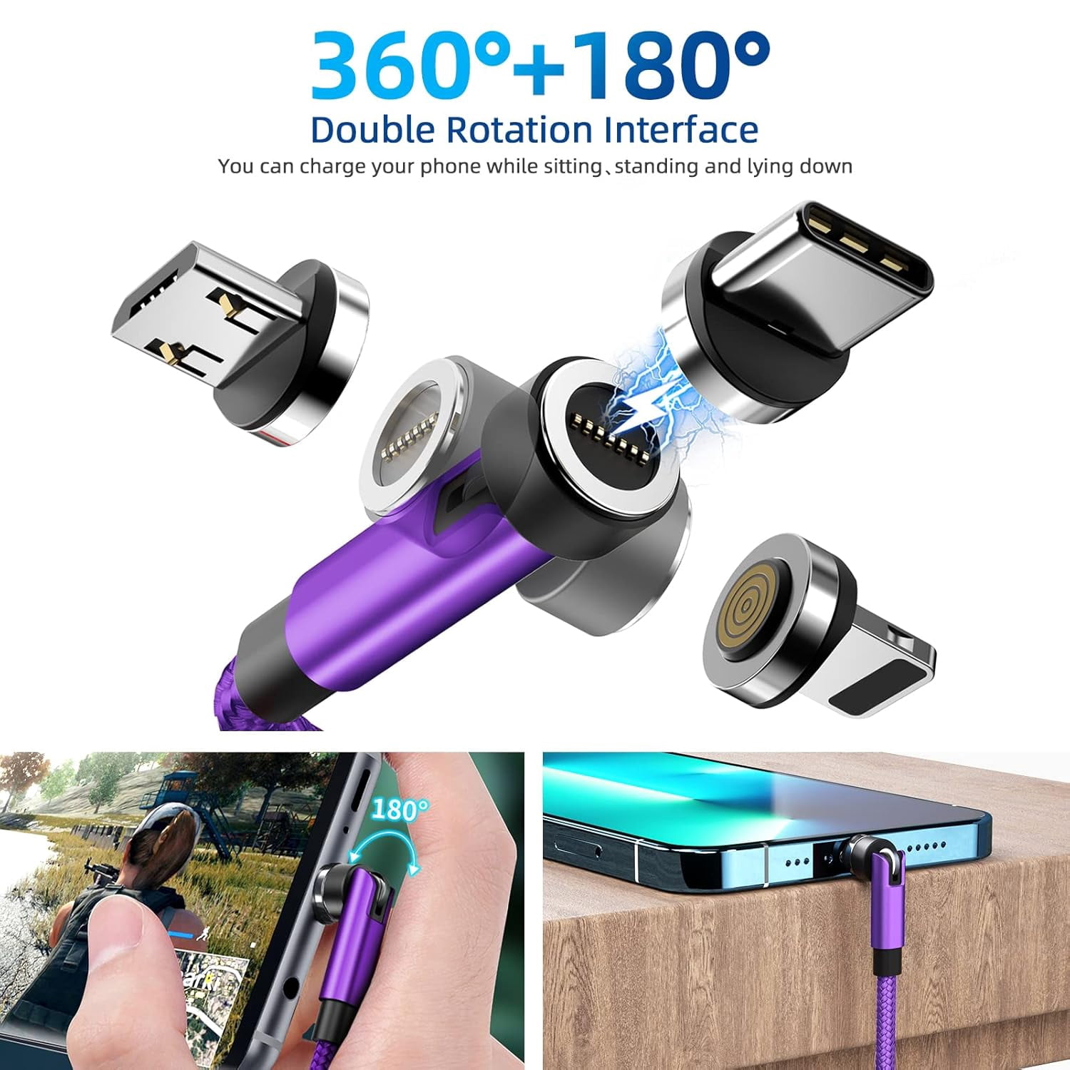 540° Rotation Magnetic Charging Cable, 3 in 1 Magnetic Phone Charger [4-Pack, 3ft/3ft/6ft/10ft] 3A Fast Charging Cable Support Data Transfer USB Magnet Charger Cable for i-P/Micro USB/Type C Device