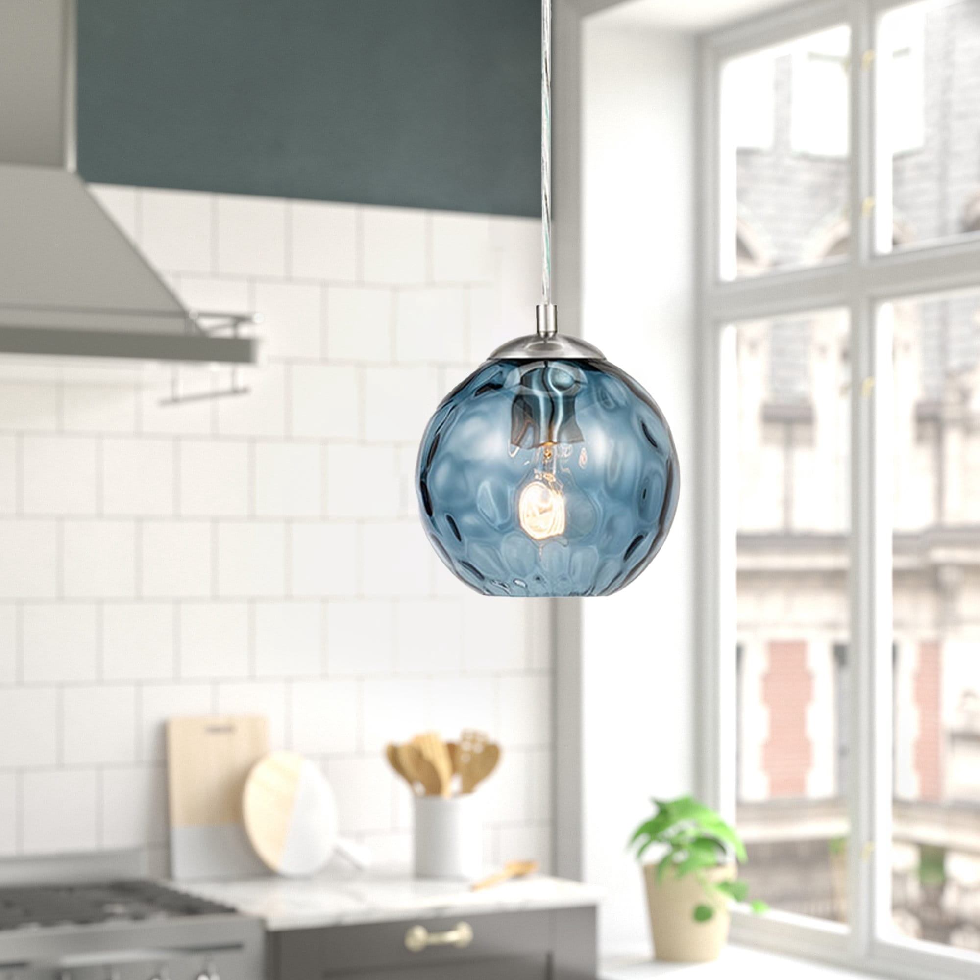 Catalina Lighting Azura 7.5'' Pendant Light Fixture with Blue Glass Globe Shade for Dining Room, Kitchen Island, Bathroom, Foyer, or Entryway, Brushed Nickel