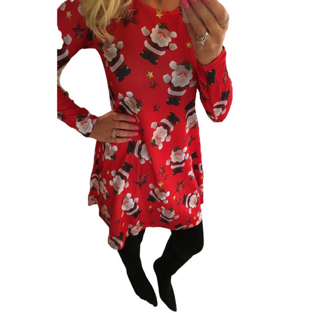 Fashnice Robe de Noël pour Dames Col Rond Mini Manches Longues Arbre de Noël Vacances Balançoire Rouge Père Noël S