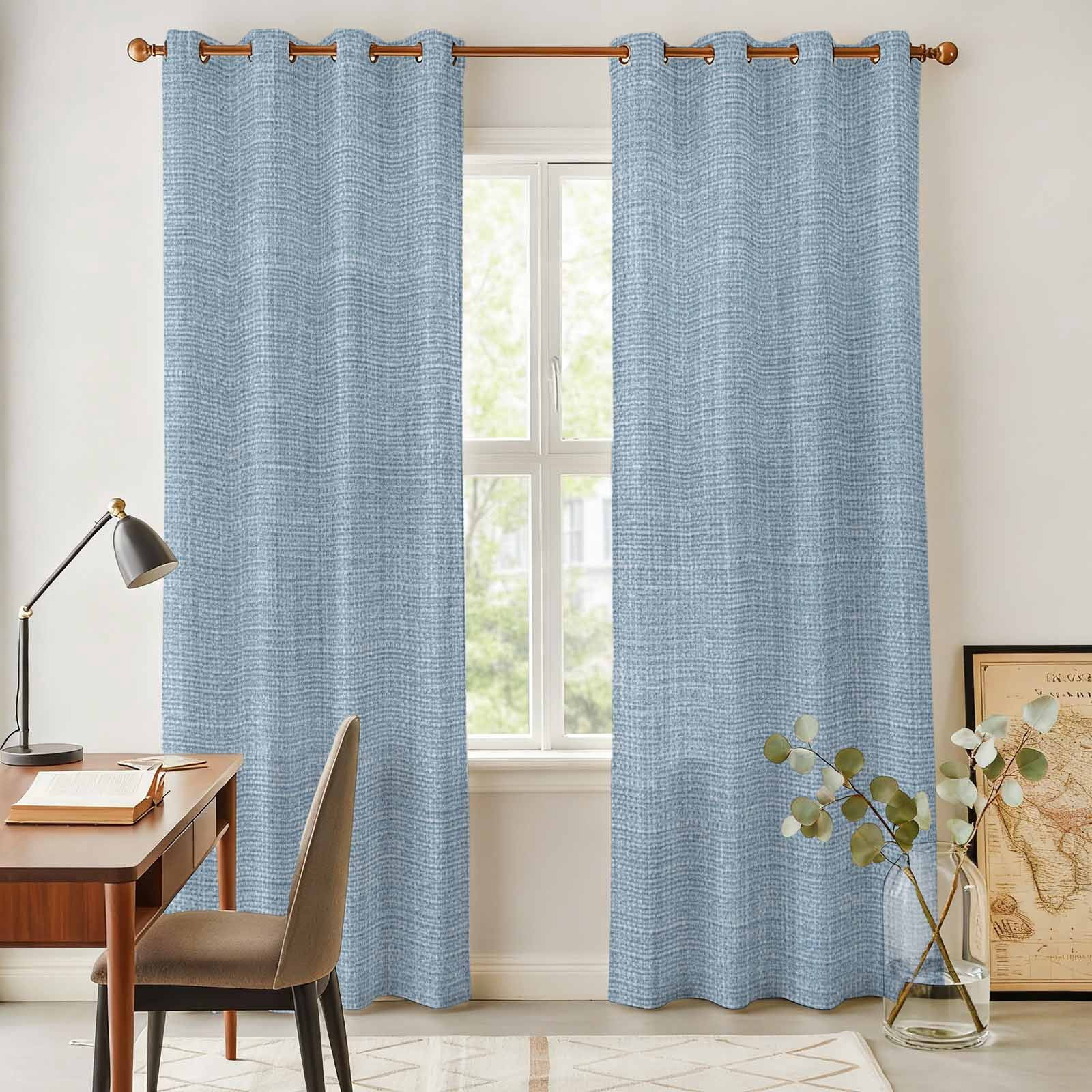Kitchen Curtains 84 Inch Length 2 Panels, Vintage Sky Blue Grommets Window Treatment Curtain, Farmhouse Retro Solid Color Linen Texture Thermal Curtains Drapes for Living Room/Bathroom