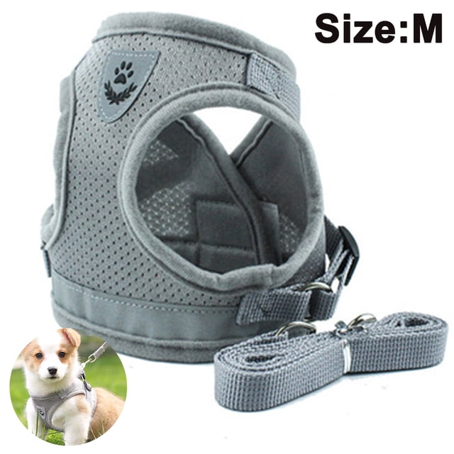 Dog Harness and Leash Set for Dogs, Soft Mesh Padded Harness for Puppies and Cats, Reflective Adjustable Breathable Chest Harness for Walking, Running, Training M Gray