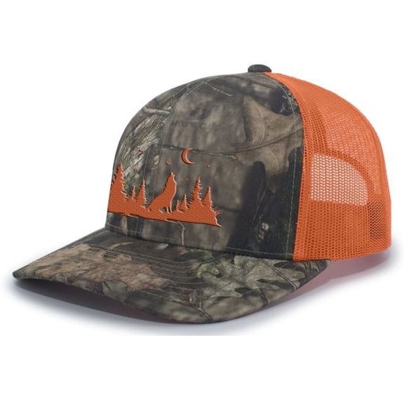 Mountain Scenery Howling Wolf Outdoors Forest Embroidered Mesh Back Trucker Hat, Camo/Orange