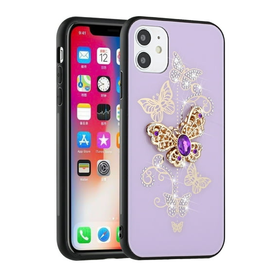 For Apple iPhone 14 Pro (6.1") 3D Diamond Bling Sparkly Glitter Ornaments Engraving Hybrid Metal Fashion Cover ,Xpm Phone Case [ Purple Garden Butterflies ]