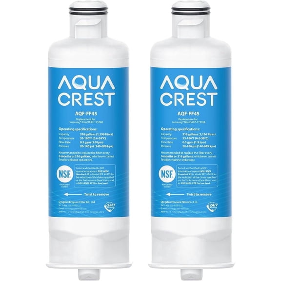 AQUA CREST AQF-FF45 Replacement for Samsung® DA97-17376B, DA97-08006C, HAF-QIN/EXP, RS27T5200SR, RF28T5001SR, RF24R7201SR, RF28R6201SR, Refrigerator Water Filter, 2 Pack