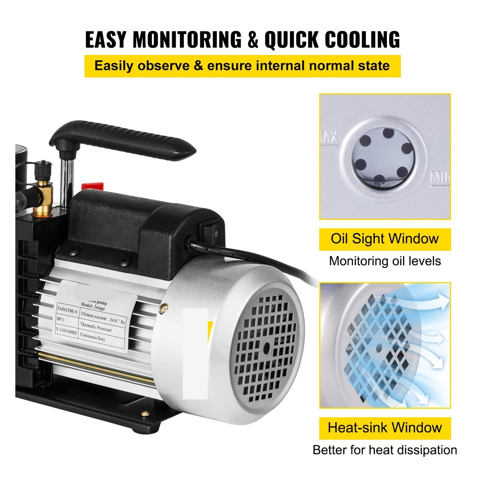 Vacuum Pump 1HP Two Stage HVAC Rotary Vane Degassing Processing Air Conditioning Auto AC Refrigerant Vacuum Pump 2-Stage ,Outstanding Oil Inlet System