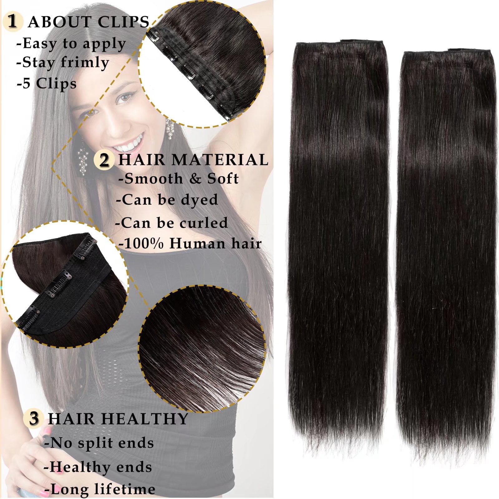 MY-LADY 10''-24'' 5 Clips in Human Hair Extensions Thick Real Natural Hair Pieces 100% Full Head Remy Hair 20inch #1B Natural Black（Thin）