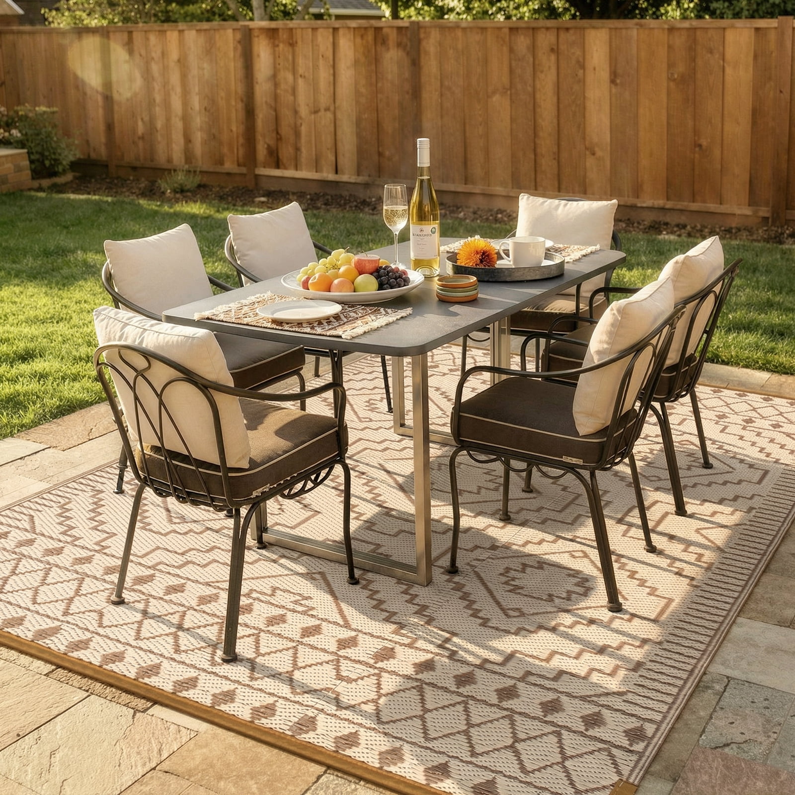 Lahome Portable Indoor/Outdoor Rug 6x9 - Waterproof & Reversible Plastic Straw Mat for Patio, Deck, Balcony, Backyard, Picnic, Beige & Brown