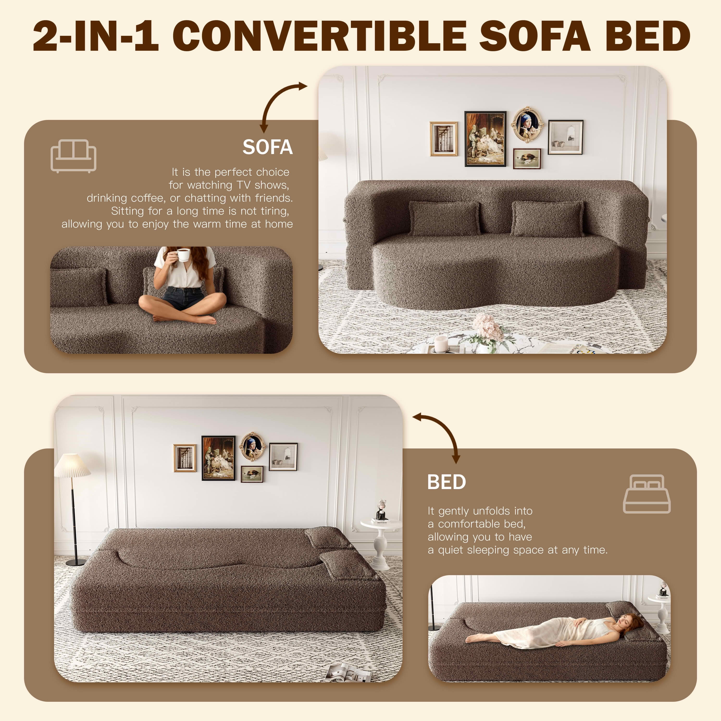 MAYEERTY Sherpa Floor Sofa Bed, Full Size Foldable Foam Sleeper Mattress with 2 Pillows, Zero Assembly Space Saving Guest Bed