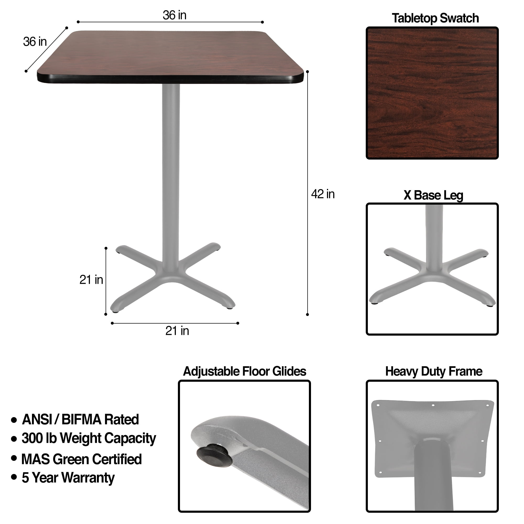 Hampden Furnishings Bennet Collection 36-Inch Square Cafe Table with X Base, Steel Frame, Mahogany Top