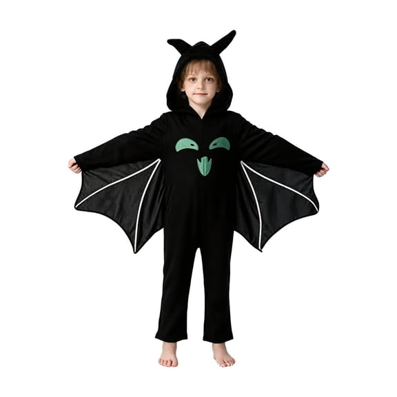 REDARER Kids Halloween Bat Cosplay Jumpsuit with Hooded Bat Wings Themed Party Dress Up Outfit,3-4 Years
