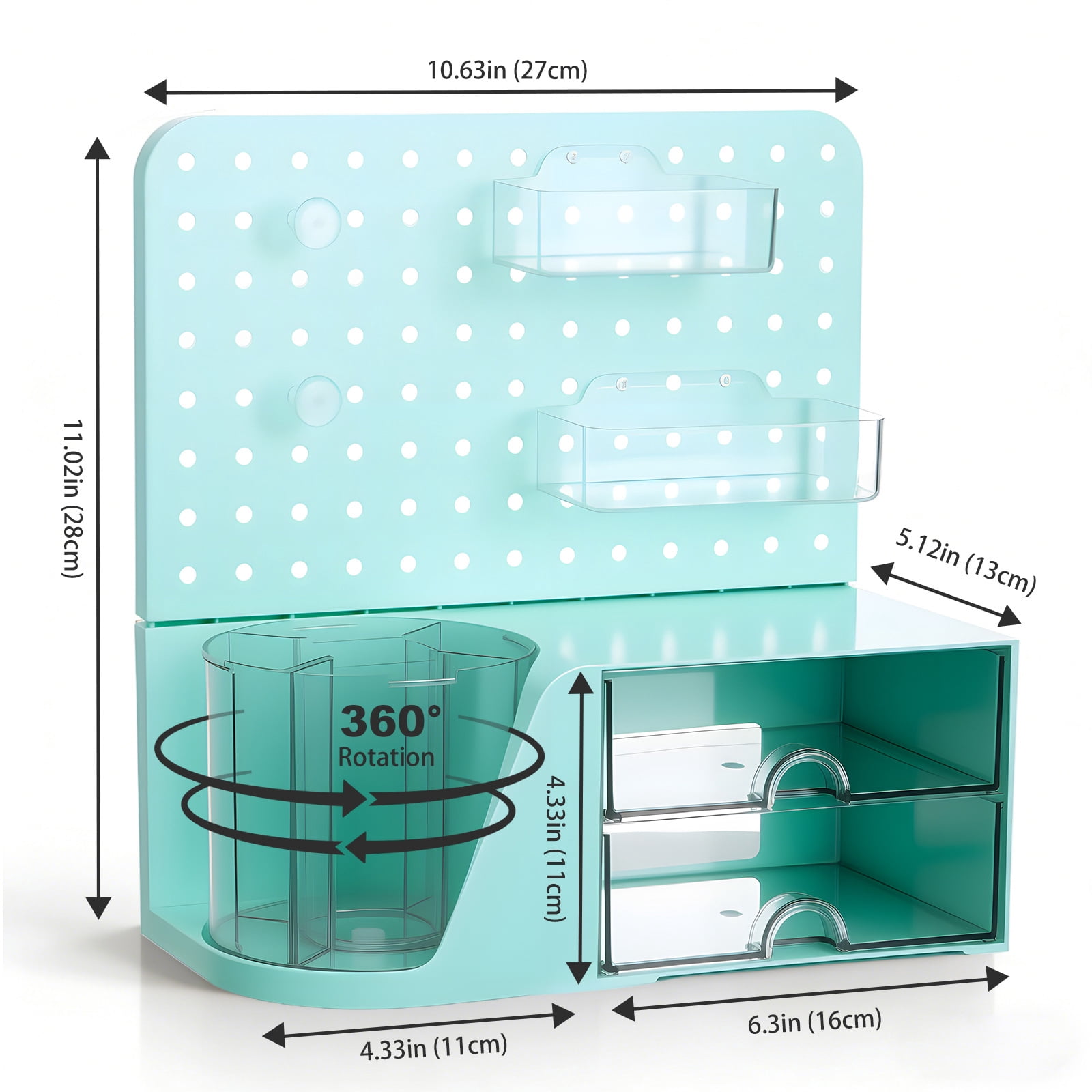 Vivin Desk Organizer, Small 2 Drawer Unit and Pen Holders, Multi-Purpose Pegboard organizer For Home Office, Mint gree