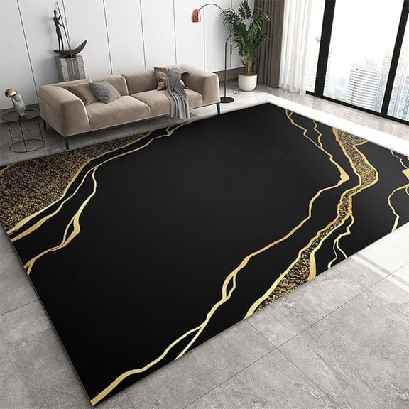 Black Gold Marble Area Rug, Luxury Gold Geometry, Machine Washable, Non-Slip Backing, Large Carpet For Living Room, Dining Room, Home Office 1x2ft