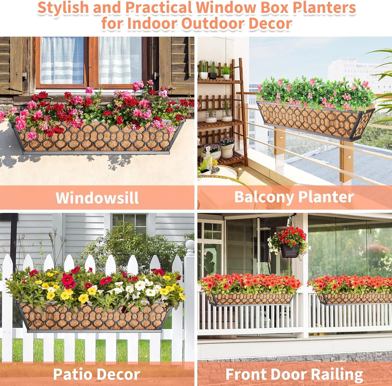 4 Pack 24 Inch Window Boxes Planters with Coco Liner, Metal Deck Railing Planter Boxes, Balcony Planters Railing Hanging, Horse Trough Window Flower Planter Boxes for Outdoor Porch Fence Patio