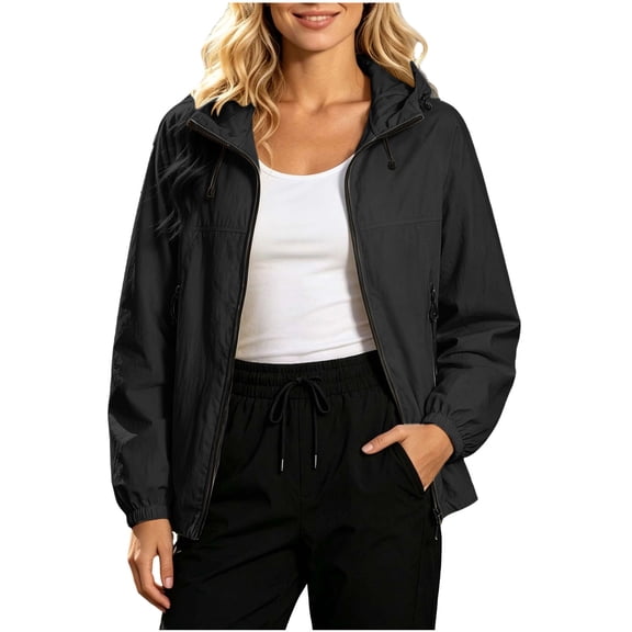 Ke1Clo Women's Lightweight Hooded Jacket Casual Zip Up Long Sleeve Windbreaker Outdoor Spring Fall Loose Fit Cardigan Coat Black L