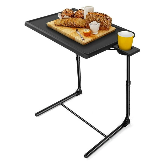 Plateau TV Pliable Multifonction sur Lit et Canapé avec 6 Réglages de Hauteur et 3 Réglages d'Angle d'Inclinaison, Porte-Gobelet Intégré