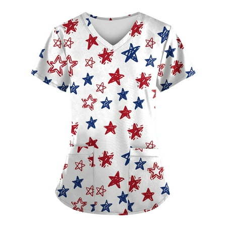 

Sksloeg Scrubs Tops Women Stretchy Print American Flag Star Blouse Short Sleeve Nurse Working Uniform V Neck Graphic Scrub Shirts Wine S