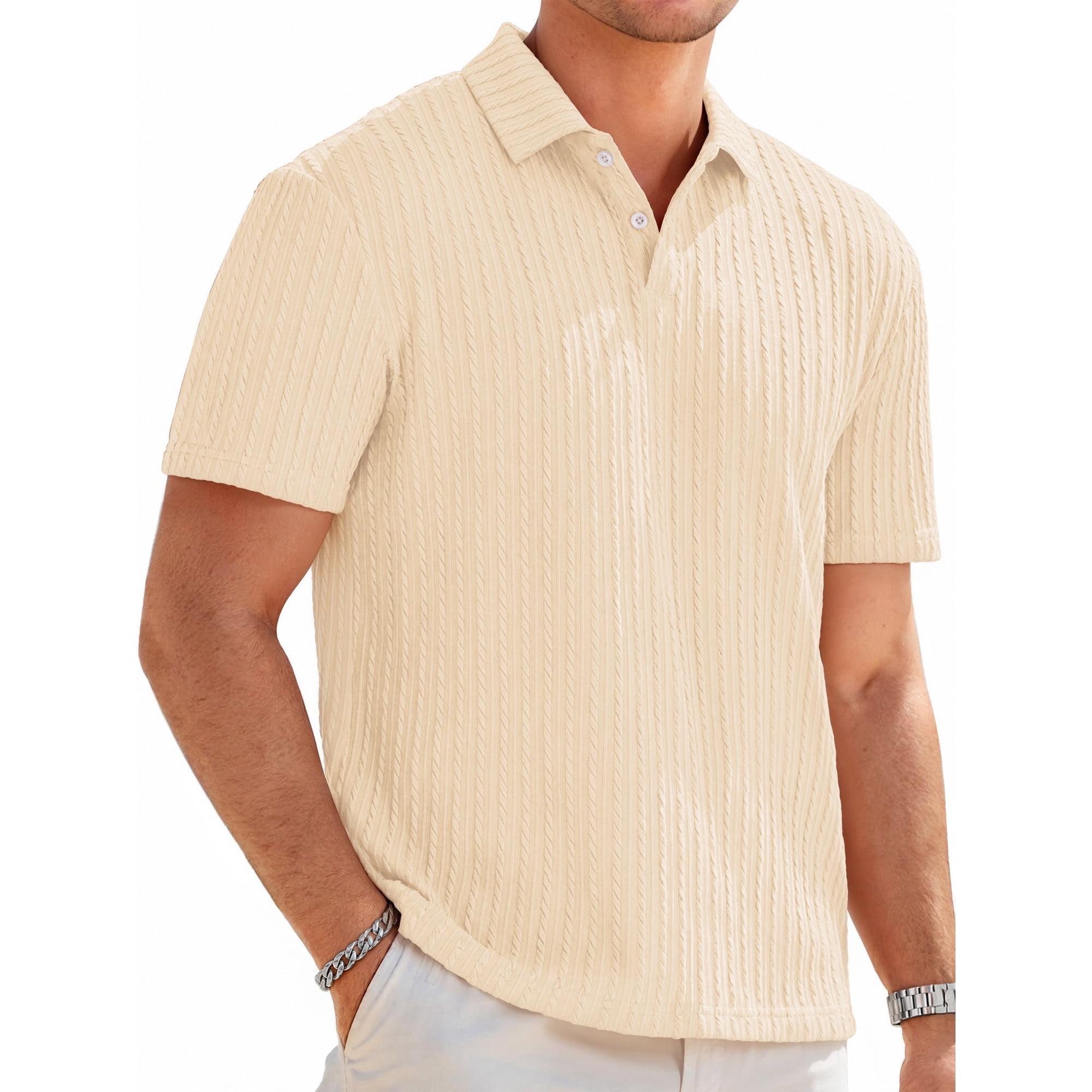 RICHCOIN Mens Casual Polo Shirt Summer Short Sleeve Vacation Button Beach Knit Stretchy Golf Shirts