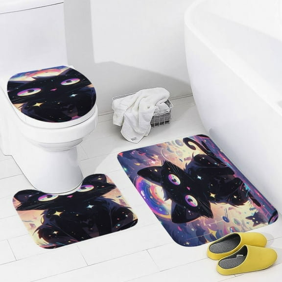 Cute Planet Cat Bathroom Mats Set of 3 Pieces，Non Slip Non Slip Mats, Washable Mats, Decorative Carpets for Bathrooms, Kitchens, And Bedrooms.