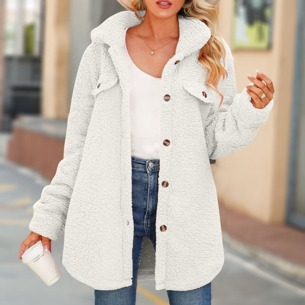 Chaquetas y abrigos casuales de manga larga sin capucha para mujer, de color liso, con solapa, de manga larga, holgados y con botones.