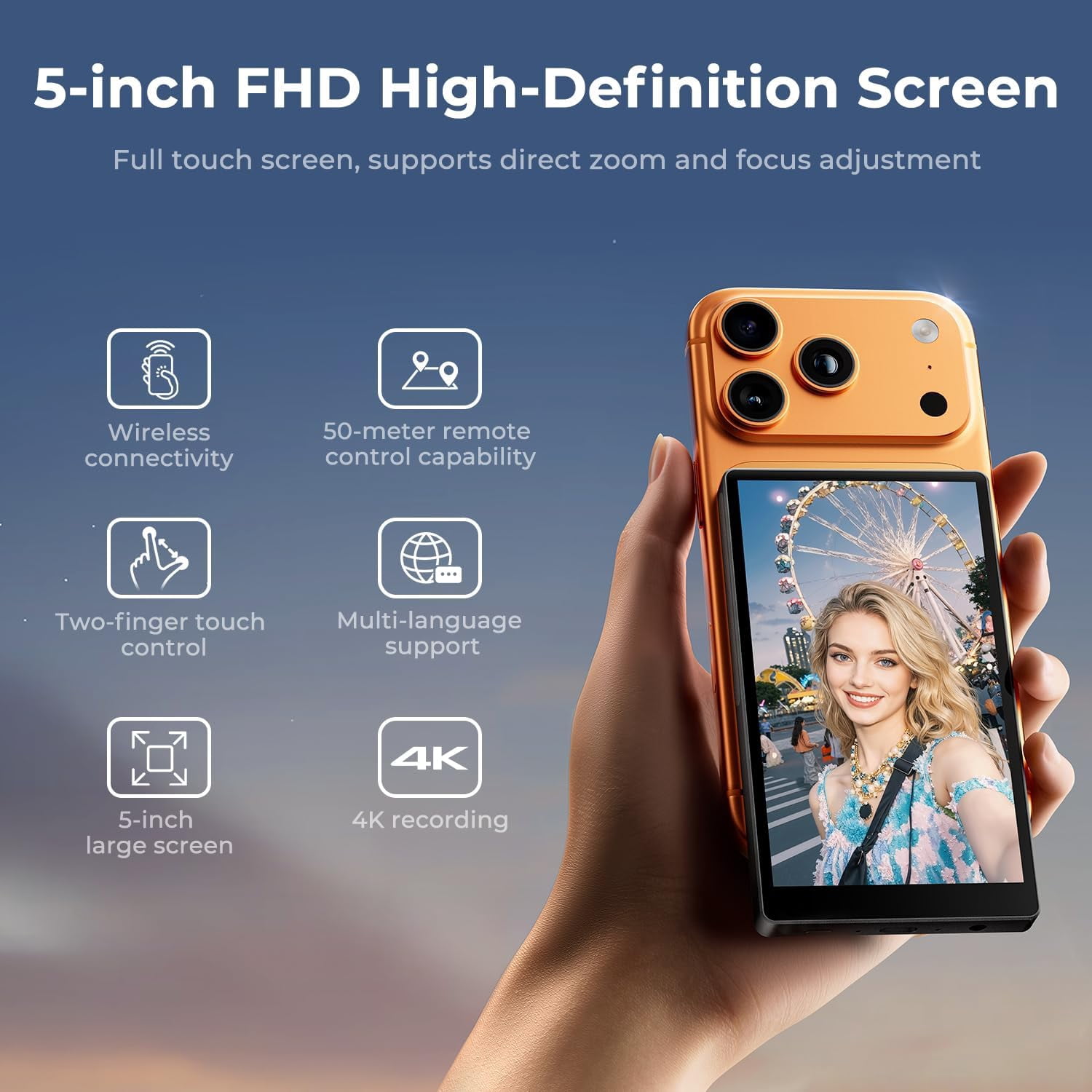 K&F CONCEPT 4K/1080p Vlog Selfie Monitor Screen Wireless Magnetic Back Camera  for iPhone Android Phone, Selfie Monitor with 164ft Range, P2P Wireless, Black