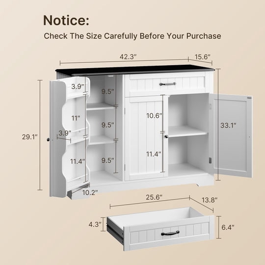 Aiho 42” Coffee Bar Cabinet with Storage, Kitchen Storage Cabinet, Sideboard Buffet Cabinet with 8 Shelves, 1 Drawer - White and Black