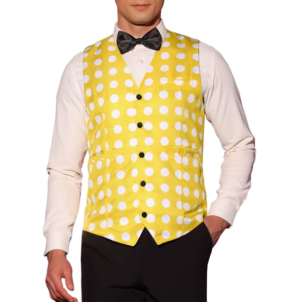 Chalecos de traje de puntos de lunares INSPIRE CHIC para hombres, corte ajustado, cuello en V, chaleco formal amarillo XL