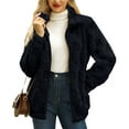 thumbnail image 6 of Women's Jacquard Check Plush Jacket, Stand Collar Full Zip Front, Loose Fit Fleece Coat, Long Sleeve Casual Outerwear, Soft Textured Winter Style Black L, 6 of 7