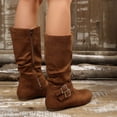 thumbnail image 6 of Women Ruched Knee High Boots, Double Metal Buckle Strap Side Zip Faux Suede Tall Boots, Low Flat Heel Slouch Long Boots Brown 9.5(43), 6 of 8
