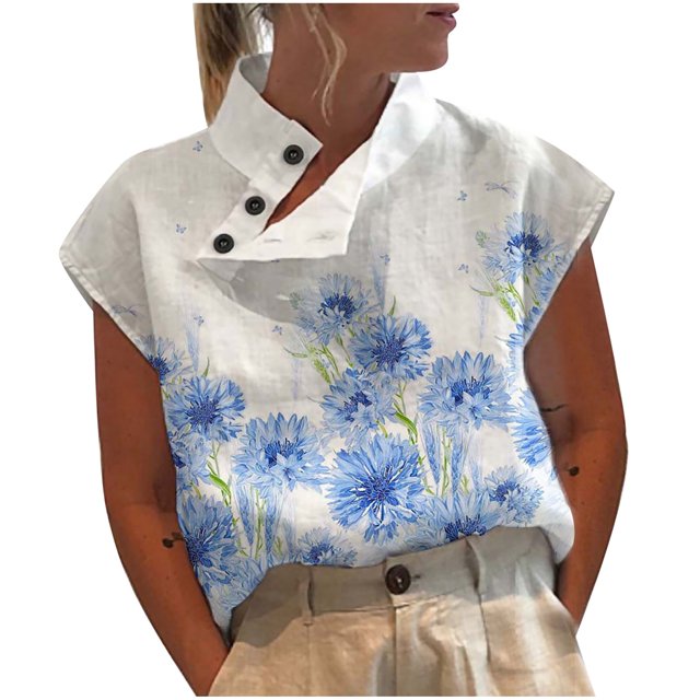 Birdeem Chemise Décontractée d'Été pour Femme, Ample, à Boutons, en Coton et Lin, Col Montant