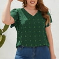 thumbnail image 2 of Camiseta de talla grande para mujer, cuello en V, Jacquard, punto, manga con volantes, informal, holgado, jersey de verano, Top verde 4XL, 2 of 6