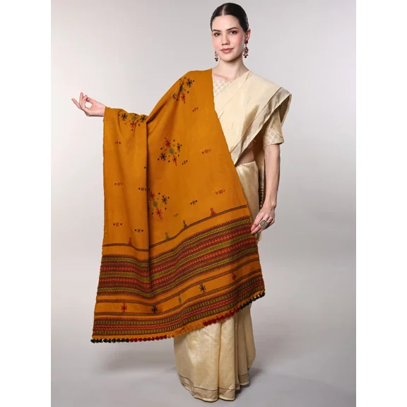 Exotic India Shawl from Kutch with Embroidered Bootis and Mirrors - Wool