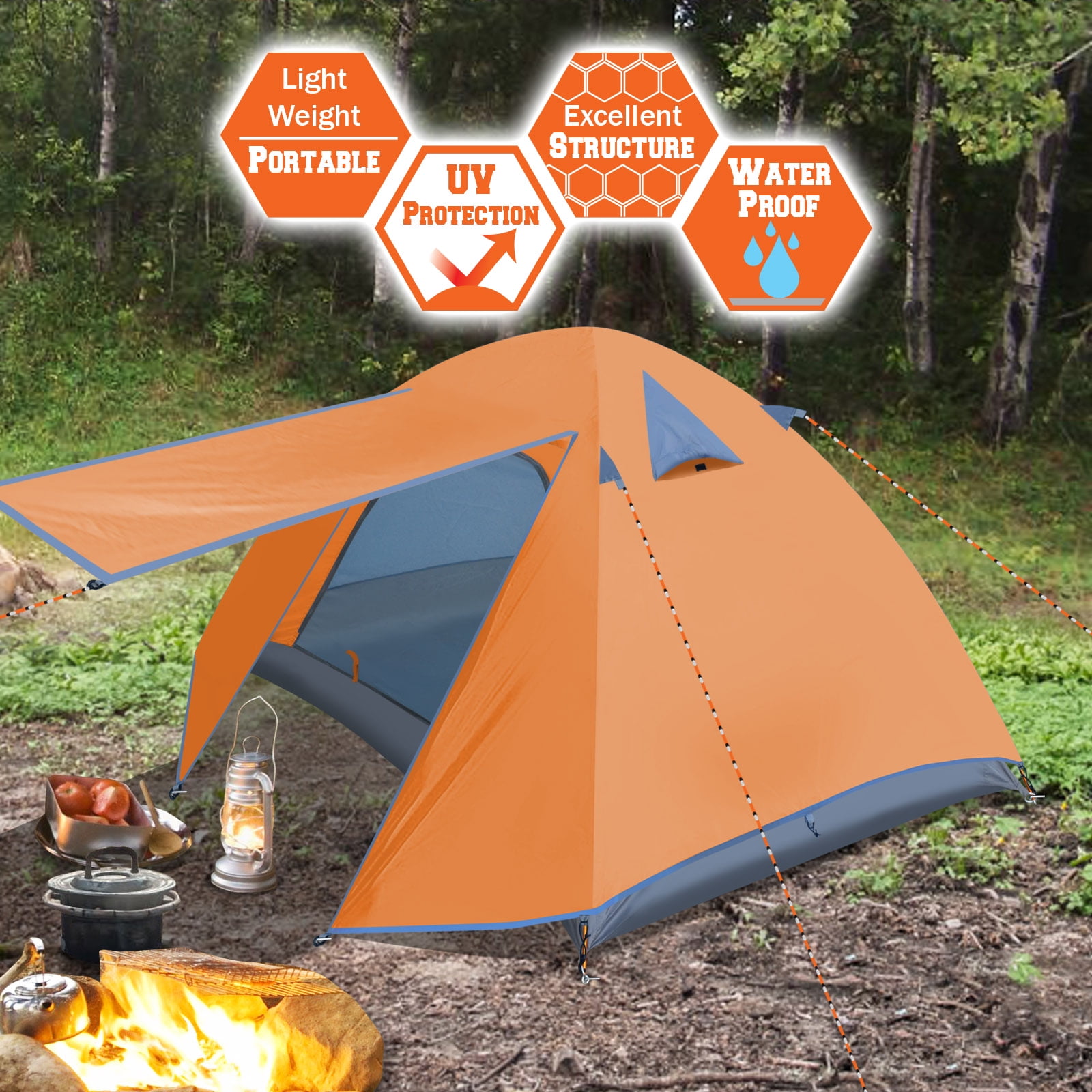 Sunny Portable 1-2 Persons Backpacking Tent Double Layer Outdoor Waterproof Camping Hiking-Orange
