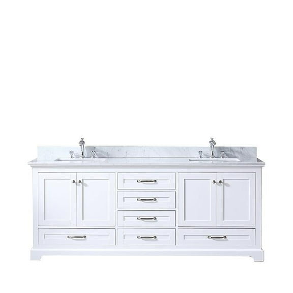 80 in. Dukes Double Vanity with White Carrera Marble Top, White Square Sinks & No Mirror - White
