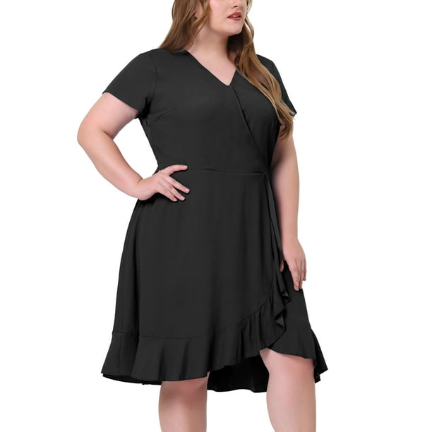 Vestido cruzado de imitación de talgrande pamujer, cuello en V, mancorta, cintuelástica, vestidos elegantes de cambray con dobladillo con volantes Negro 2X