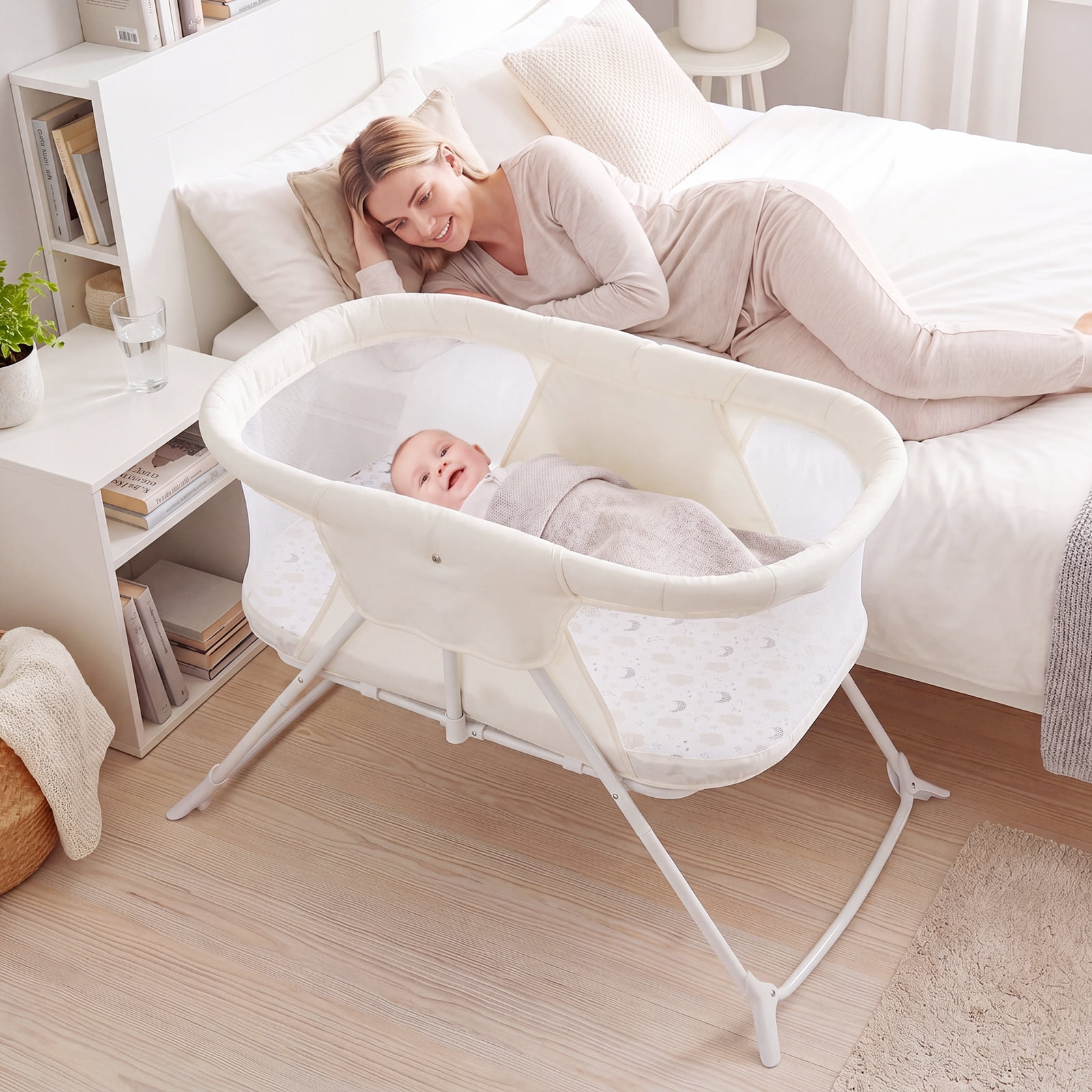 Costway 2 in 1 Baby Bassinet with Rocking Motion with Breathable Mesh Beige