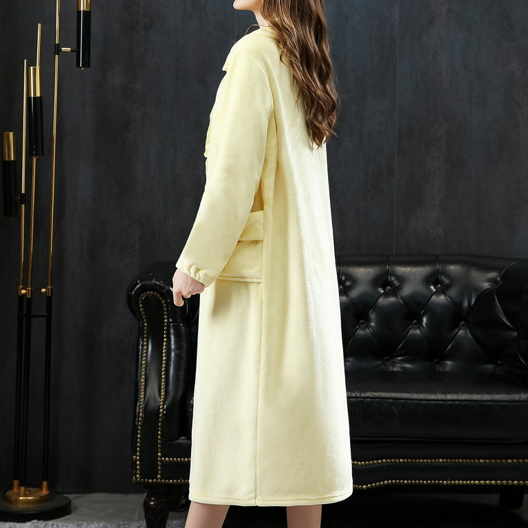 Homgro Women s Fleece Fuzzy Robe Thick Winter Warm Bathrobe Long Sleeve House Coat Housecoat Button Down Sherpa Mid length Yellow Small