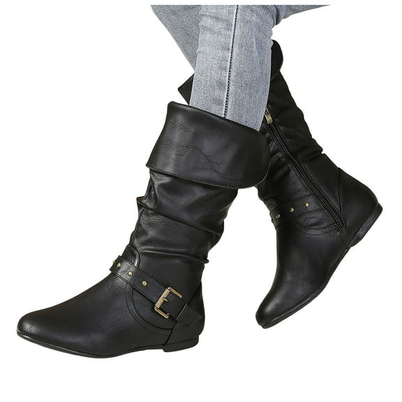 Rokment Women's Slouchy Knee High Boots Fashion Casual Adjustable Buckles Leather Flats Low Heel Wide Calf Tall Dress Boots for Women Fall Winter Black Size 6
