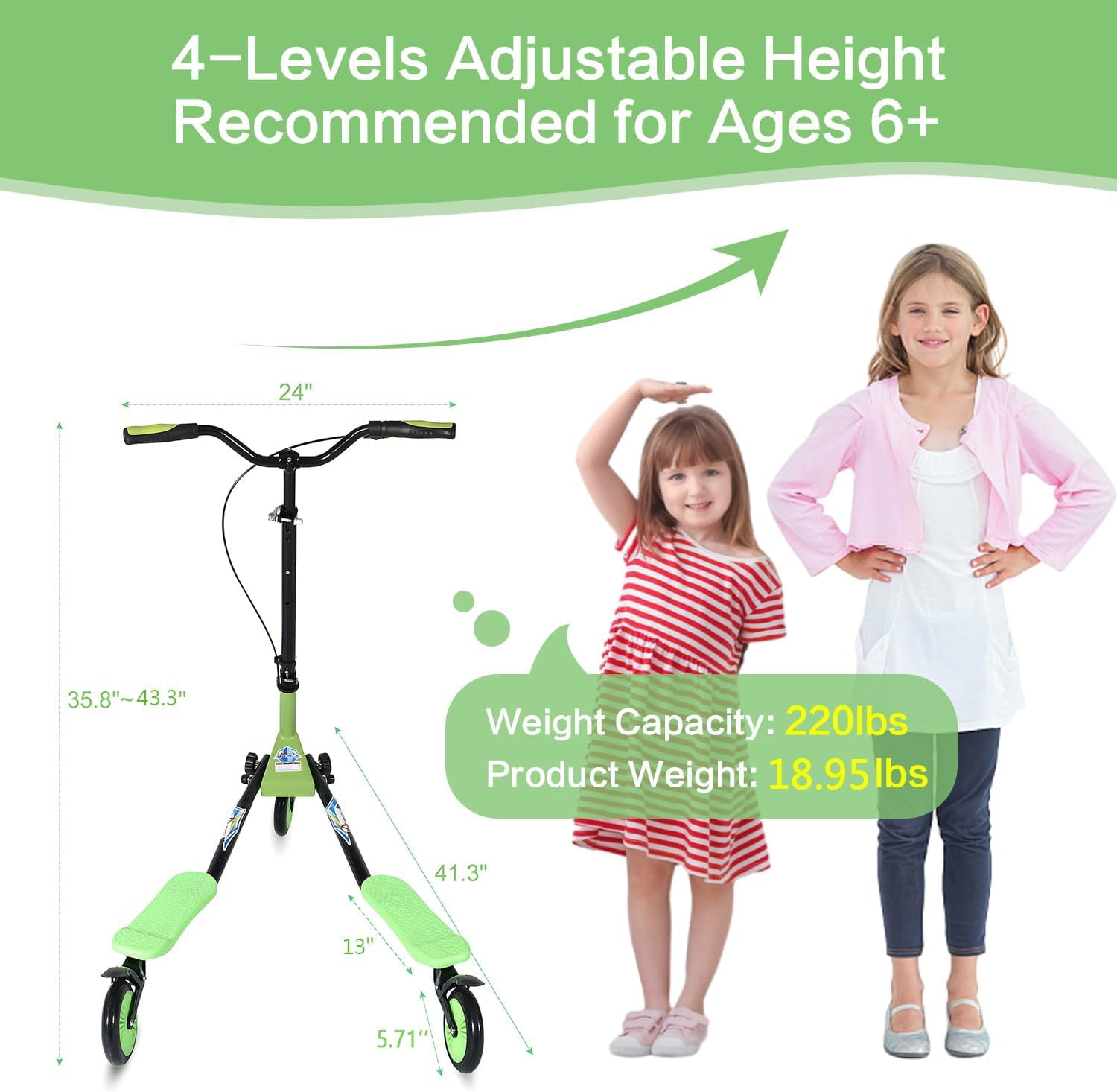 Readrun Wiggle Scooter for Kids & Adults 6+, 3-Wheel Drift Scooter with Foldable Design and 4-Level Adjustable Height, Green