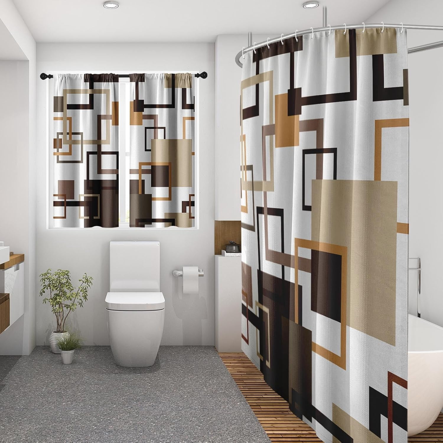 Vintage Brown Shower Curtain Set with Window Curtain, Royal Abstract Line Modern Bathroom Window Curtain with Waterproof Shower Curtain Set for Bathroom Decor