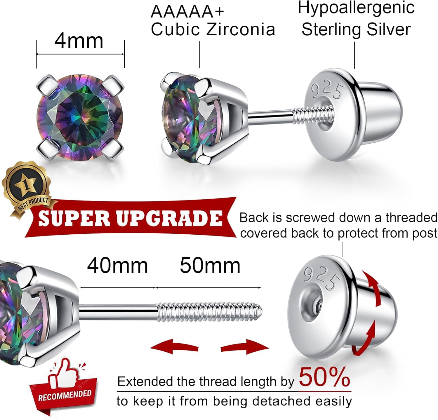 925 Sterling Silver Earrings Stud With Screwback Cubic Zirconia For Women Earring With Screw Backs Cz Hypoallergenic (Cz-White)[Z5958]
