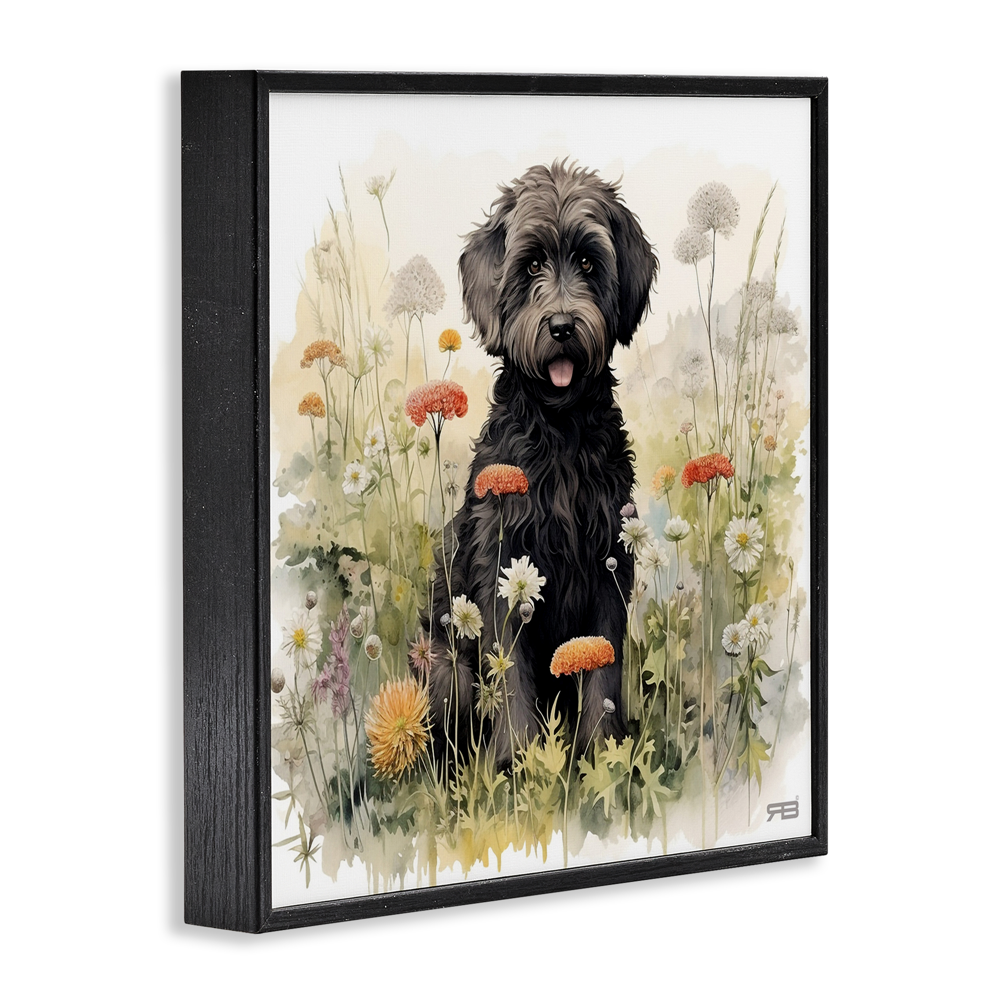 Stupell Industries Black Terrier in Meadow Animals & Insects Painting Black Framed Art Print Wall Art, 17 x 17