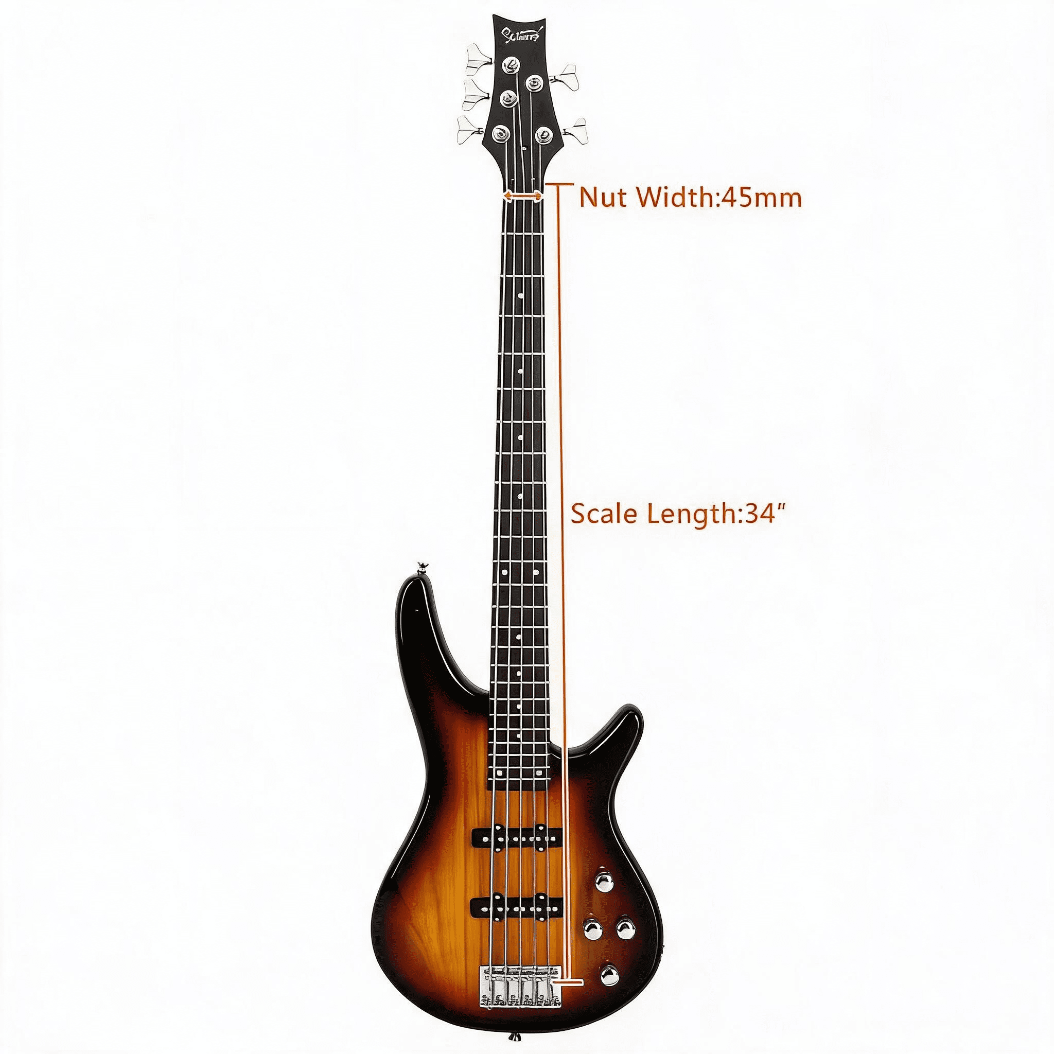 GIB Electric 5 String Bass Guitar Full Size Bag Strap Pick Connector Wrench Tool Sunset Color