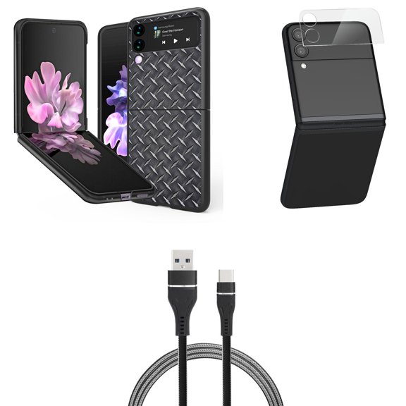 Bemz Premium Bundle for Samsung Galaxy Z Flip 3 5G: Slim Snap-On Protector Case (Diamond Plate), Rear Camera Glass Protector, Nylon Braided USB-C to USB-A Cable (3 Feet)
