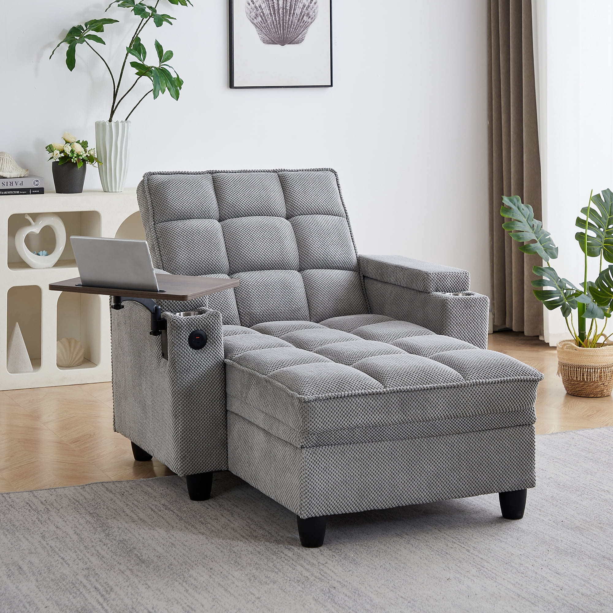 Gewnee 3-in-1 Convertible Sleeper Chair, Pull Out Single Sofa Bed with Adjustable Backrest, 360° Swivel Side Table, USB Charging Ports & Cup Holders, Ideal for Dorms & Offices, Light Gray