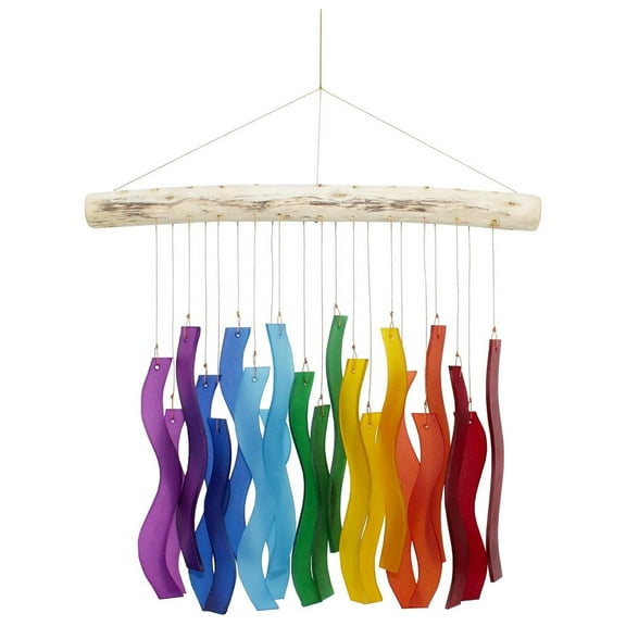 Cohasset Tumbled Glass Wind Chime - Rainbow Wave Design - Recycled Glass and Driftwood - LGBTQ Pride, Yard/Garden Art, Chakras, Mobile, Window Art