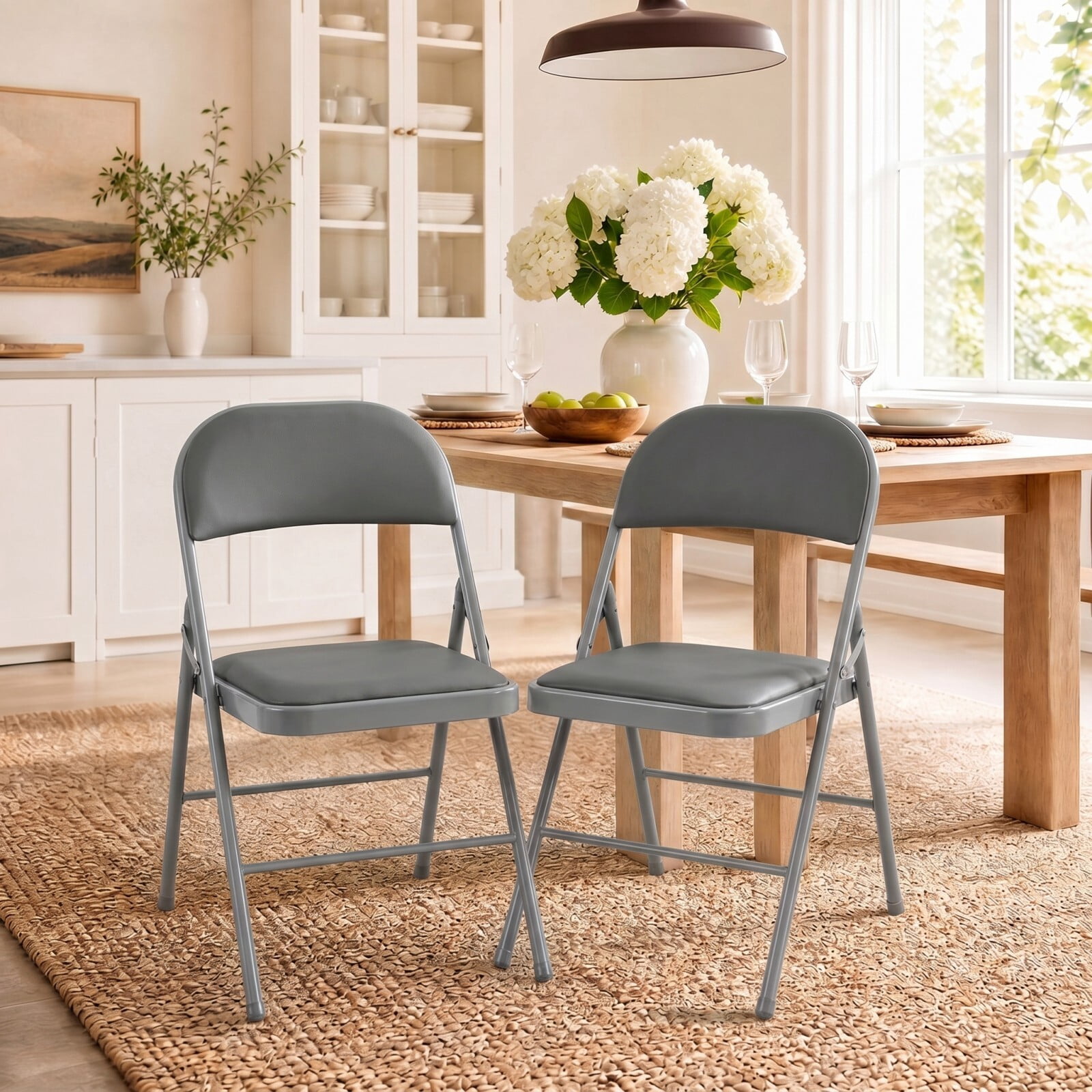 Kelno Folding Chair Set of 2 PU Leather Padded Guest Chairs with Lightweight Sturdy Metal Frame, Gray