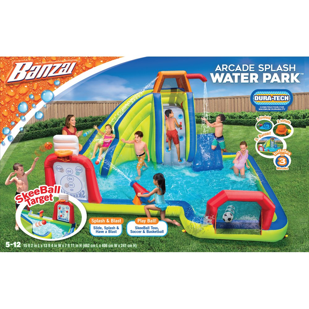 Banzai Inflatable Arcade Splash Water Park Slide, Splash & Have a Blast! SkeeBall Toss