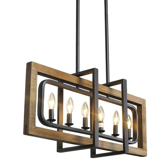 LNC Laius 6-Light Matte Black and Brown Wood Large Linear Farmhouse LED Chandelier,Dining Room, Foyer, Bedroom Chandelier,31.5"Lx8.5"Dx14"H,ZQUAYBWM1CA342916|Walmart Canada