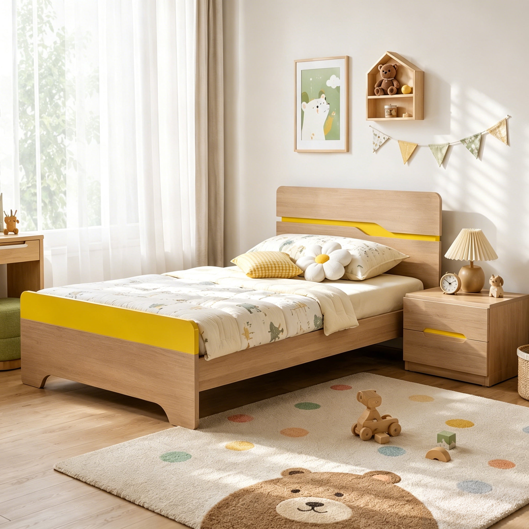 Twin Kids Bed Frame with Slatted Support System, Durable Wood Platform Bed with Thickened Engineered Wood Construction, Modern Bedroom Furniture for Children and Teens
